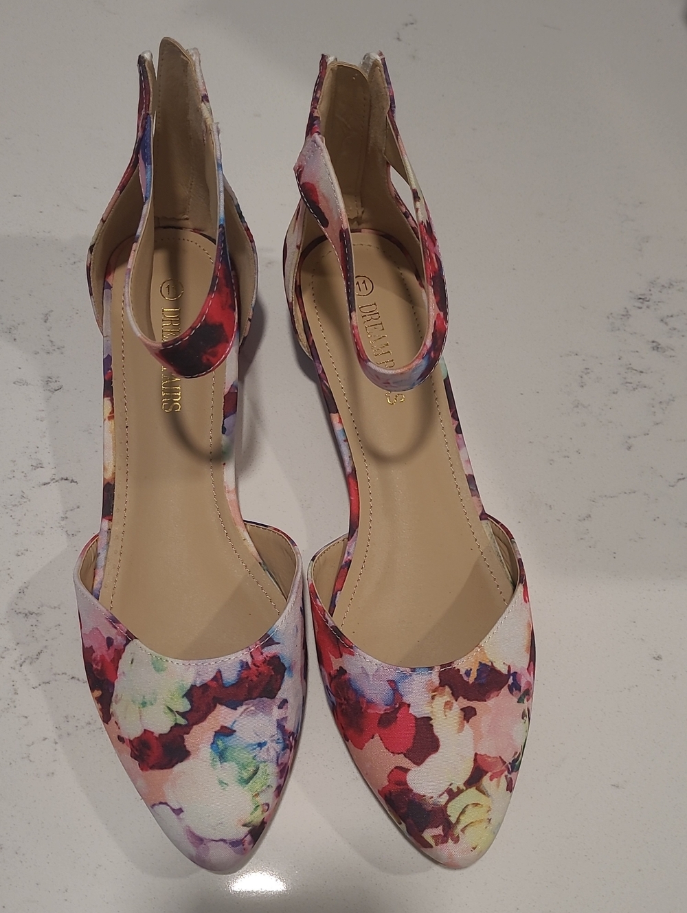 Floral Printed Pointed Wedge Heels with Ankle Strap - Multi Floral
